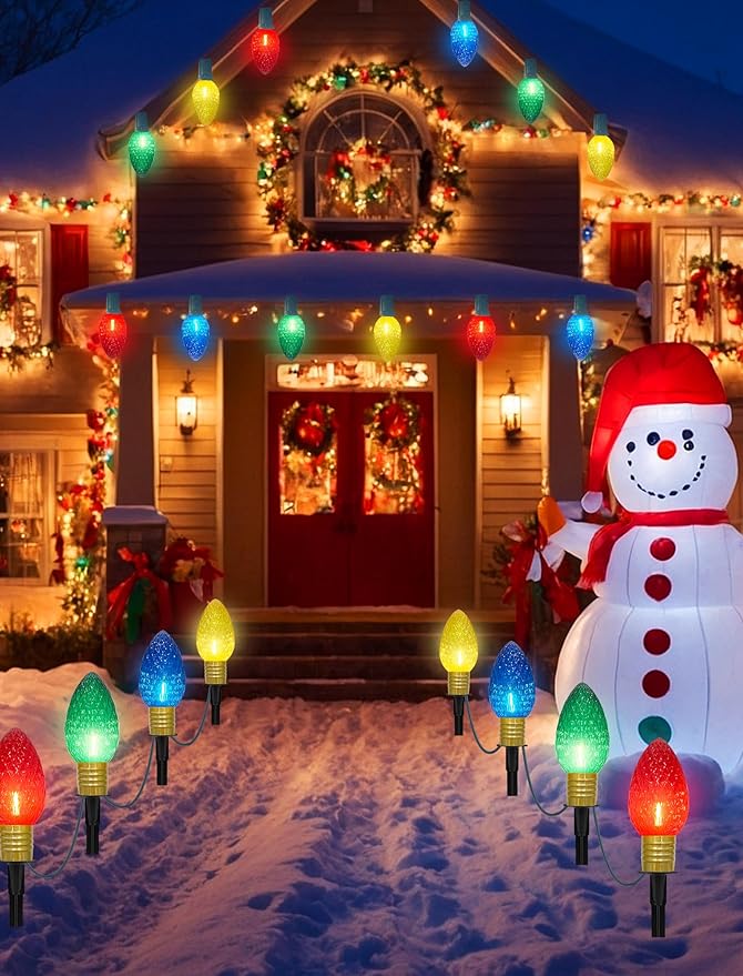 Jumbo C9 Christmas Pathway Lights Outdoor, 2 Pack 7FT Christmas Yard Decorations with 8 Jumbo C9 LED Strawberry Multicolor Bulbs Christmas Walkway Lights for Outside Holiday Lawn Garden Driveway Decor