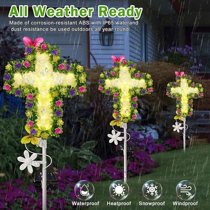 TEDOF Solar Garden Lights Outdoor Solar Flowers Cross Stake Lights Waterproof,Memorial Gifts for Mom,Cemetery Decorations for Grave,Garden,Path,Backyard
