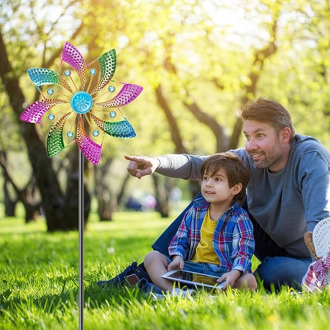 Outdoor Kinetic Wind Spinner, Wind Sculpture Yard Art Decor with Stake, Geometric Metal Windmill for Garden Lawn & Patio Decoration (B-Colorful-1PCS)