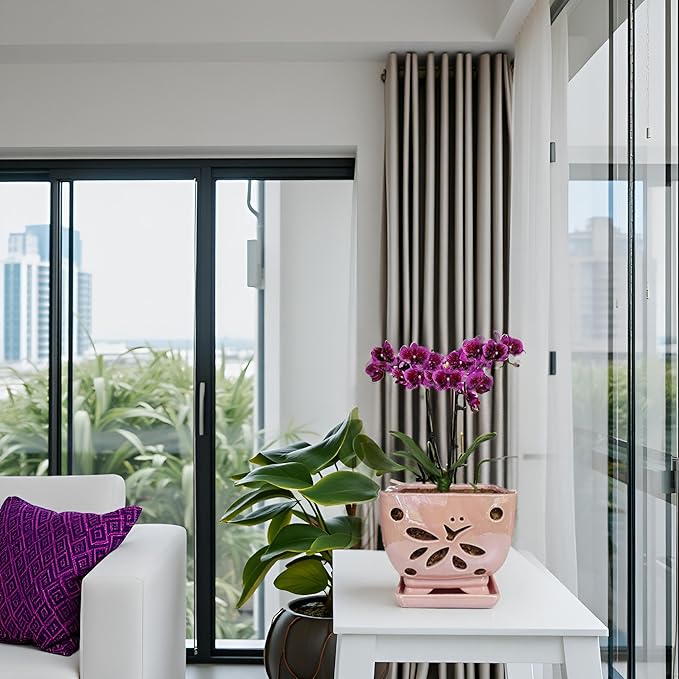 Orchid Pots with Holes Square Ceramic Orchid Planter Pots 5.5 inch (Pink)