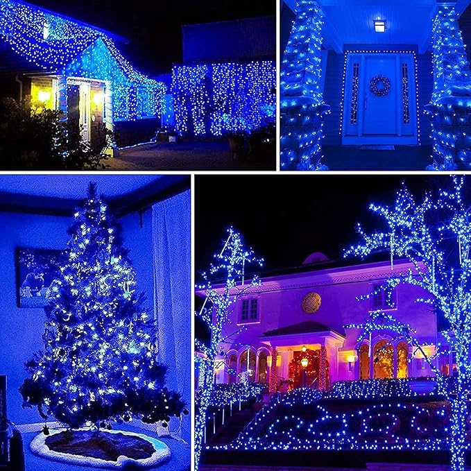 QITONG 4 Pack Solar Fairy Lights Blue, Each 33ft 100 LED String Lights Outdoor Waterproof, 8 Modes Blue Solar Lights for Outside Tree Garden Pool Wedding Party Christmas