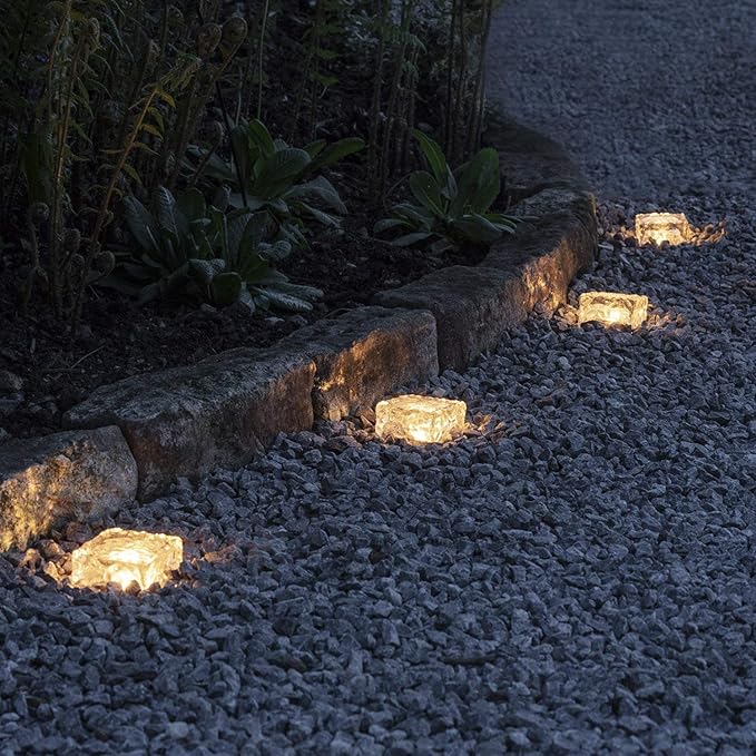 Solar Glass Brick Light - Solar Ice Cube LED Light - Crystal Brick Stone Lamp Garden Courtyard Pathway Patio Pool, Decorative Christmas Festives Ice Rock Cube Lights (4PCS Warm White)