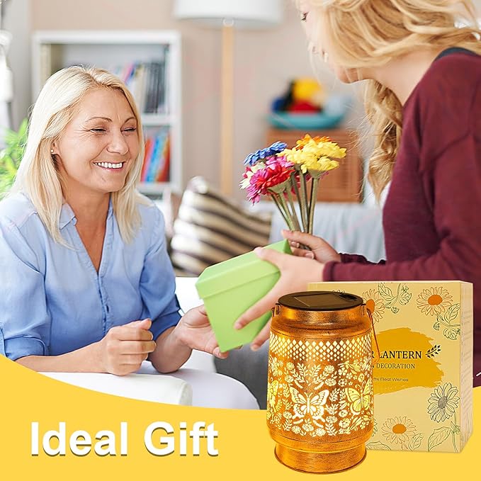 2 Pack Solar Lanterns Outdoor Garden Decor with Shepherd Hook, Gardening Gifts for Mom Grandma Women Butterfly Metal Decor Lantern Waterproof Solar Lights LED Decorative for Garden Yard Patio