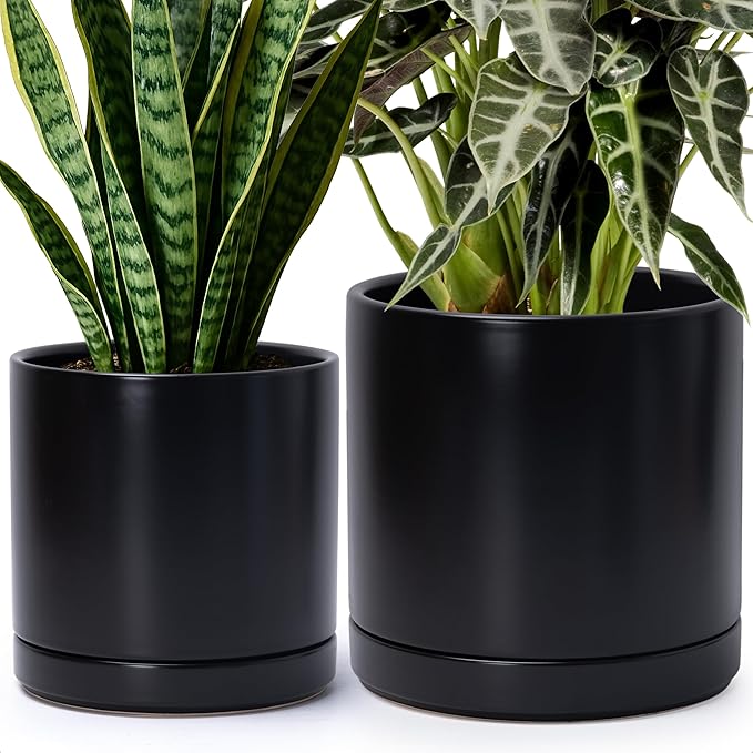 D'vine Dev 8 Inch & 10 Inch Ceramic Planter Pot for Plants with Drainage Hole and Saucer, Large Plant Pots Set, Black, 94-G-L-2