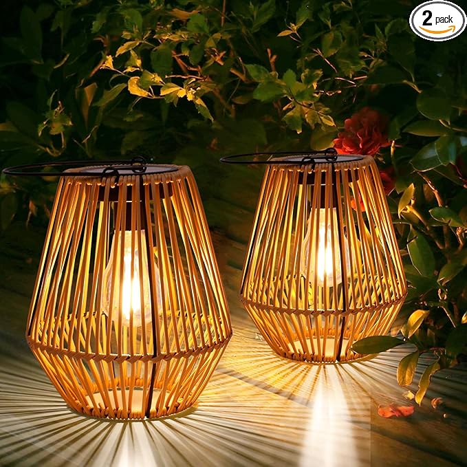 Solar Lantern,2 Pack Solar Wicker Lanterns Outdoor Waterproof Boho Lights for Outside Hanging Rattan Lights Outdoor Patio Lanterns Decoration for Garden,Yard,Porch,Trees,Lawn,Pathway