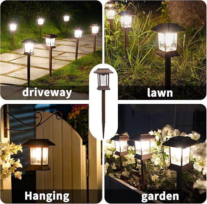 Solar Pathway Lights Outdoor Waterproof IP65, Brown Solar Lights Outdoor with Hook 6PK, Upgraded 1000mAH Battery, Up to 12Hrs, Auto On/Off, Garden Decor for Yard, Driveway, Walkway (Bulb)