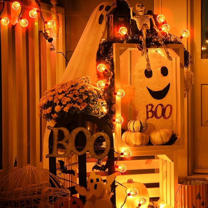 Solar Halloween String Lights Outdoor 60 LED 36 Feet Crystal Globe String Lights with 8 Lighting Modes, Waterproof Solar Powered Patio Lights for Garden Yard Porch Decor (Orange)