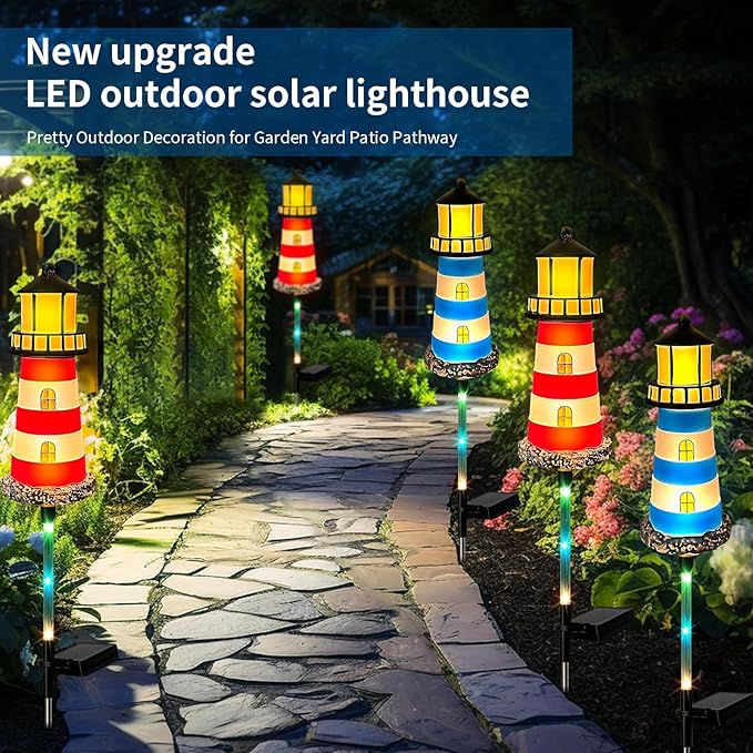 Solar Lights Outdoor Waterproof, Lighthouse Lights 4 Packs 7 Light Color Changes Suitable for Outdoor Gardens, Walkway Light Lawn, Flower Bed Solar Garden, Patio Decoration,