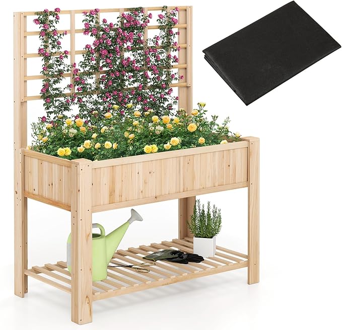 Giantex Raised Garden Bed with Trellis, Wooden Elevated Planter Box with Legs, Drainage Holes for Climbing Plants Vines Vegetables Flowers Herbs, Outdoor Horticulture Planter for Patio Yard