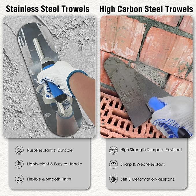 10PCS Concrete Trowel Set, Masonry Hand Tool Set Includes Large Flat Finishing and Pool Trowel, Wood Float, Concrete Edger and Groover, Margin Gauging, Wire Twister, Gloves & Carry Bag