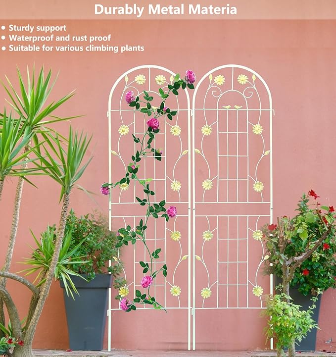 4 Pack Metal Garden Trellis 71" H Cream White Garden Fence Rustproof Trellis for Climbing Plants Support Roses Flower Outdoor Lawn, White 6FT
