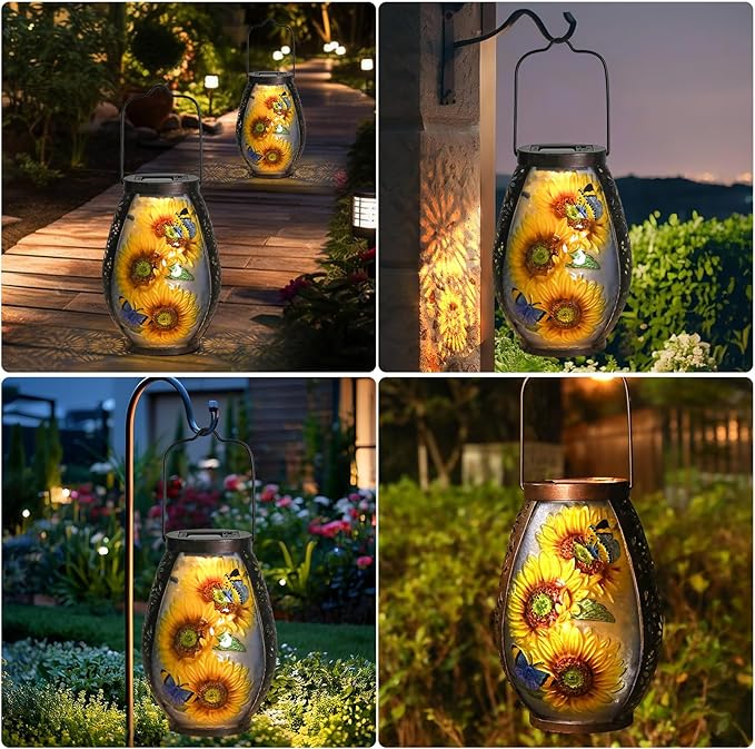 MUMTOP Solar Lanterns Outdoor Waterproof Sunflower Solar Powered LED Lights Hanging Solar Lantern Metal Decorative for Patio Table Garden Outside Yard Backyard