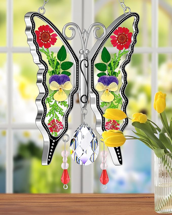KY&BOSAM Butterfly Suncatchers for Windows - Stained Glass Crystal Wind Chimes with Metal Charms, Colorful Rainbow Prisms Garden Decor for Mom/Grandma, Christmas Wedding Gifts (8" Hanging Ornaments)