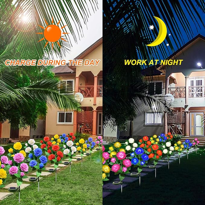Solar Flower Lights Outdoor - Upgraded New Material Two Modes Realistic LED Solar Powered Waterproof Lights with 5 Roses, Solar Decorative Stake Lights for Garden (Pink, 1 Pack)