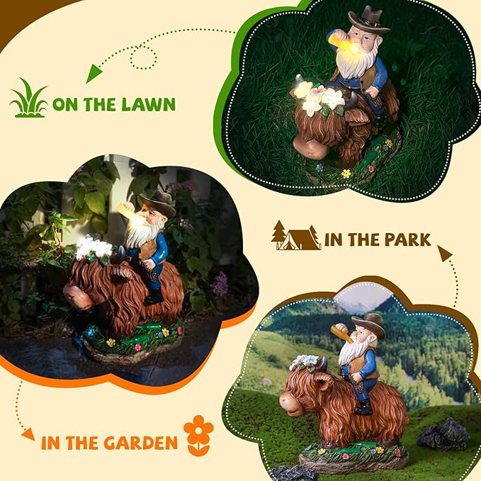Gnome Gifts for Women, Solor Statue for Garden, Gnome and Highland Cow Figurine with Lights, Outdoor Decorations for Yard Lawn Patio, Gifts for Mom Grandma Mother in Law Gardener Mother'Day