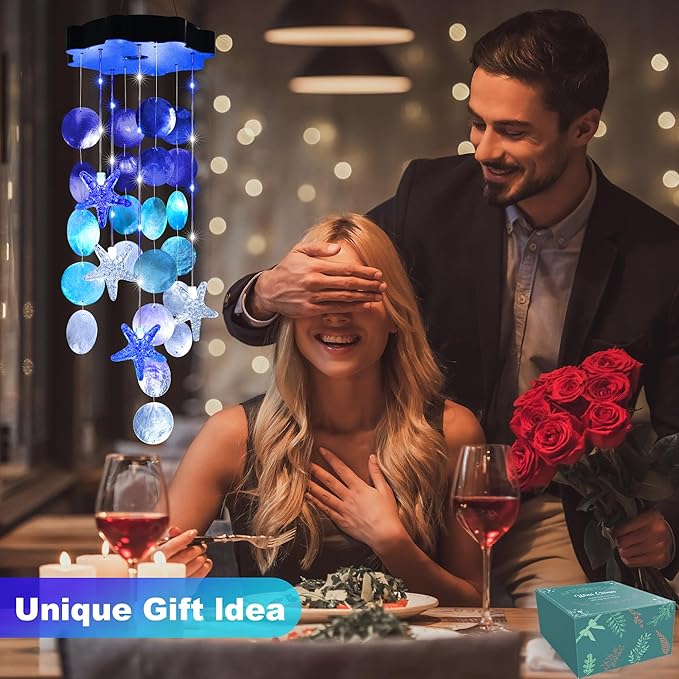 Solar Wind Chimes for Outside, White & Blue Shell Gifts for Mom Grandma Women, Waterproof Solar Outdoor Decorative Mobile Lights for Garden, Yard, Patio, Window, Party, Outdoor Decorations