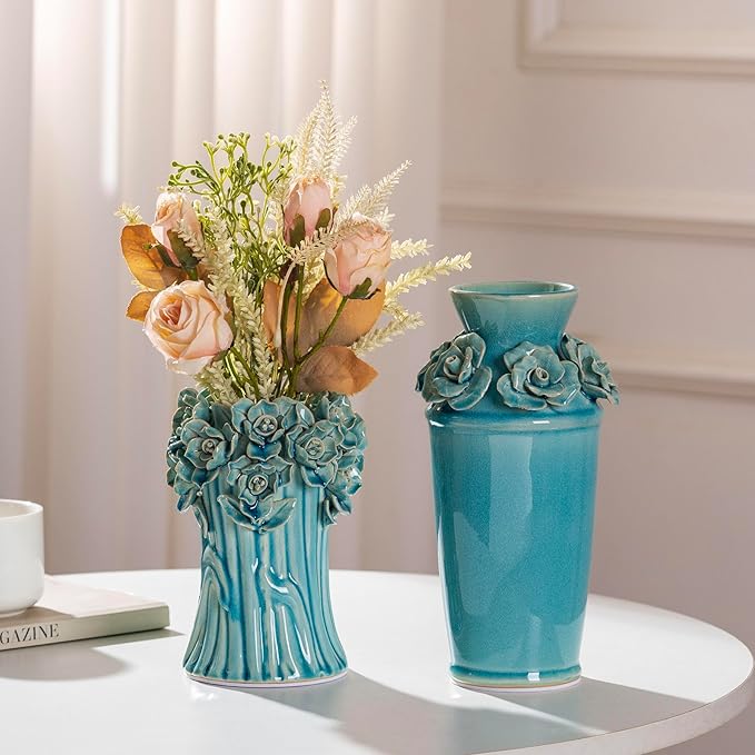 Handmade Blue Ceramic Vase with 3D Flowers, Blue Bud Wedding Bouquets Vases for Centerpieces, Vintage Floral Vase for Home Cottage Core Decor, Decorative Vases for Living Room, Housewarming Gift 6.6In