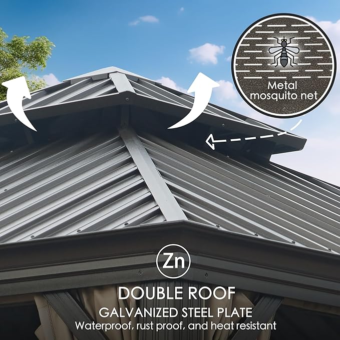 Kozyard Alexander 10' X 12' Hardtop, Aluminum Metal Gazebo with Galvanized Steel Double Roof Canopy, Curtain and Netting, Permanent Pavilion for Patio, Backyard, Deck, Lawn (Gray)
