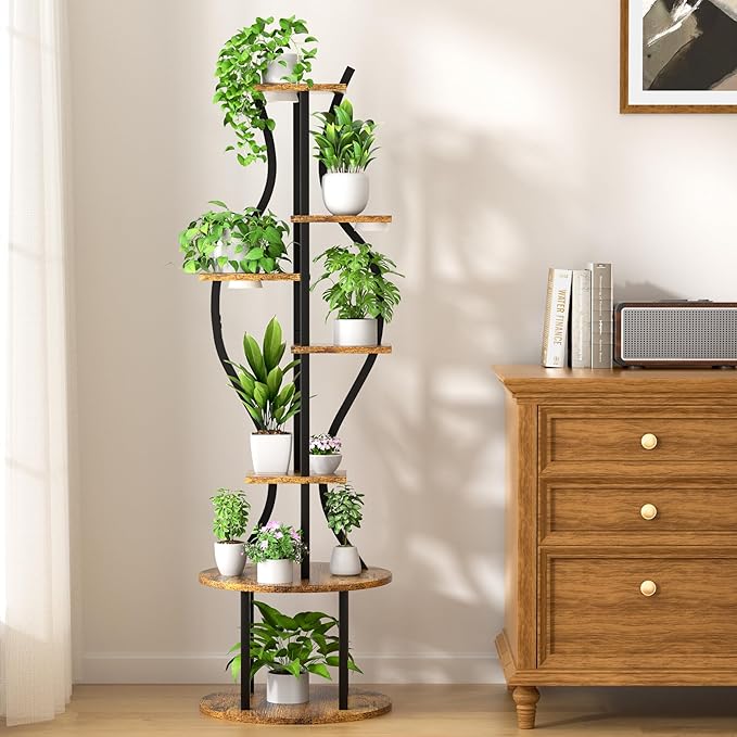 Plant Stand Indoor with Grow Lights, 7 Tier Tall Metal Plant Shelf for Multiple Plants, 55″ Lighted Plants Shelves Corner Flower Holder, Vase Shape Plant Display Rack for Home Living Room Patio
