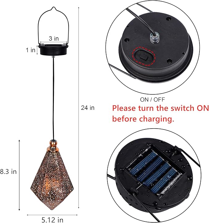 MAGGIFT 2 Pack Solar Hanging Lights, Solar Powered Retro Lantern with Handle, Warm White LED Christmas Garden Lights, Metal Diamond Shape Lamp Waterproof for Outdoor for Yard Tree Fence Patio