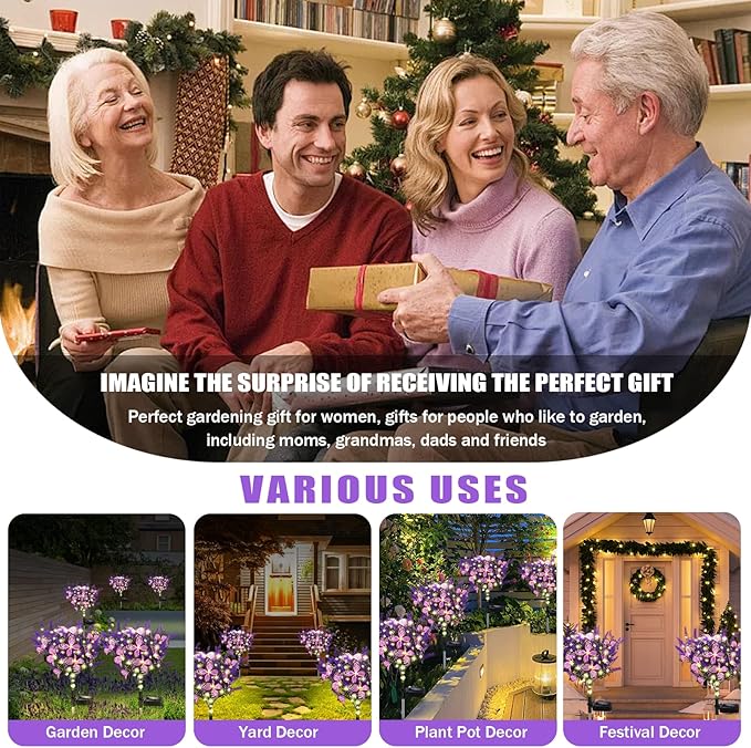 Solar Garden Lights Outdoor, 4 Pack Purple Lavender Solar Butterfly Lights Gardening Gifts for Women, Solar Artificial Flower with Butterfly Purple Garden Decor for Lawn Patio-Warm White