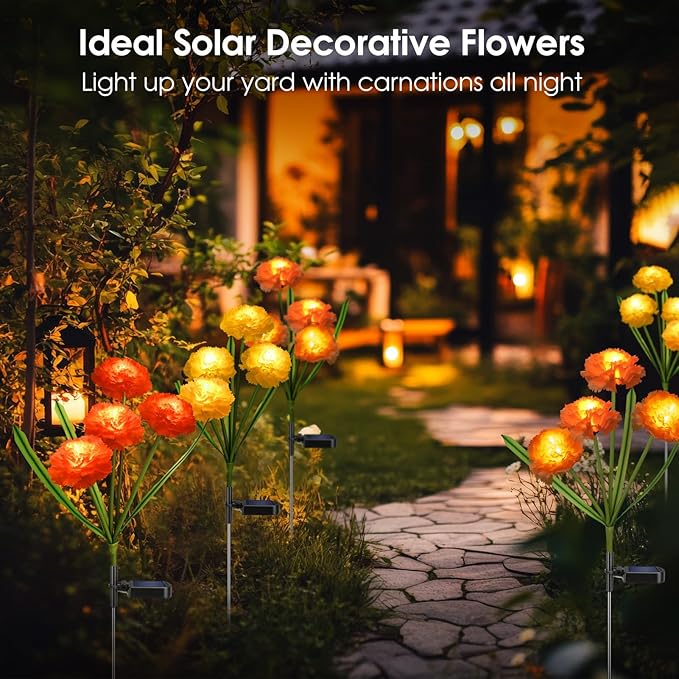 Solar Flowers Outdoor Waterproof, Solar Carnation Stake Lights Outside with 12 Real Looking Flowers for Yard Decorations Outdoor, Front Yard, Garden, Flower Bed, Lawn, Patio Decor (3 Pack)