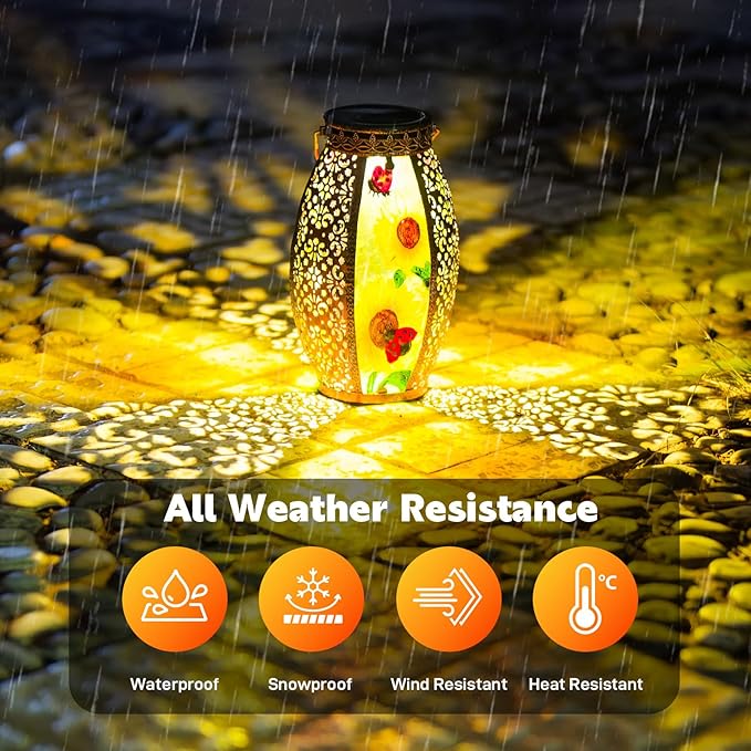 Sunflower Solar Lanterns Outdoor Waterproof,Hanging Solar Lantern with Ladybug,Outdoor Solar Lanterns with Hollowed-Out Design Metal &Glass Lantern,Solar Lights for Garden Patio Lawn Decor