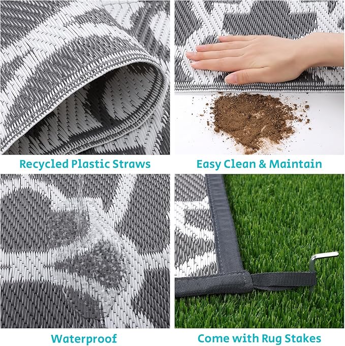 HEBE Outdoor Rug Waterproof 6x9, Plastic Straw Rug Camping Rug, Reversible Outdoor Patio Rugs RV Mat Clearance, Indoor Outside Floor Carpet for Porch,Deck,Camper,Balcony,Backyard
