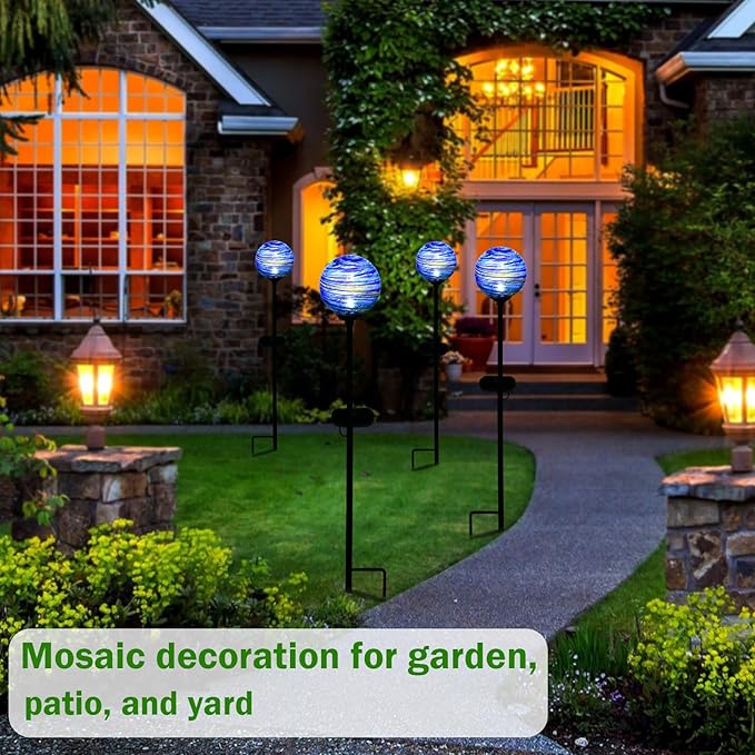 Solar Outdoor Decorative Lights Color Swirl Solar Garden Stake Glaze Glass LED Solar Garden Globe Lights Outdoor Decorative Lights for Pathway Yard Lawn Decoration 2 Pack Blue