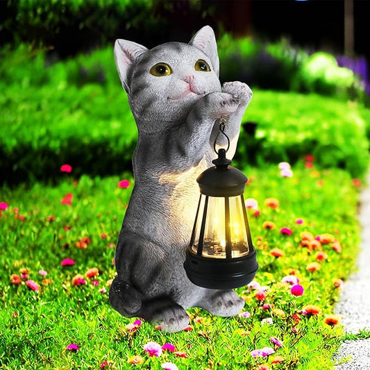 Afirst Solar Cat Statue Garden Decor, Outdoor Statue Decor with Solar Lantern Lovely Cat Figurine Patio Lawn Yard Art Ornaments Housewarming Gift