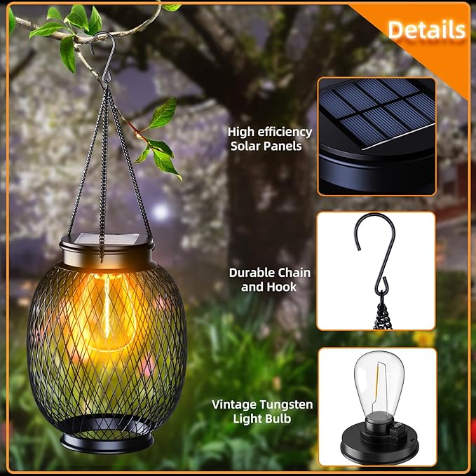 Solar Lanterns Outdoor Waterproof, 2 Pack Vintage Metal Solar Hanging Lanterns Outdoor with Hooks Solar Garden Decoration Lights Solar Lights Outdoor for Patio Balcony Yard Lawn, Black