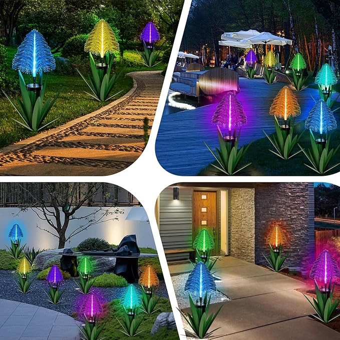 Metal Outdoor Decoration Gift Christmas Decorations Outdoor Metal Agave Yard Art Garden Lights Solar Outdoor, 7 Color Changing Garden Yard Pathway Xmas Decor Waterproof (2 pcs Green)