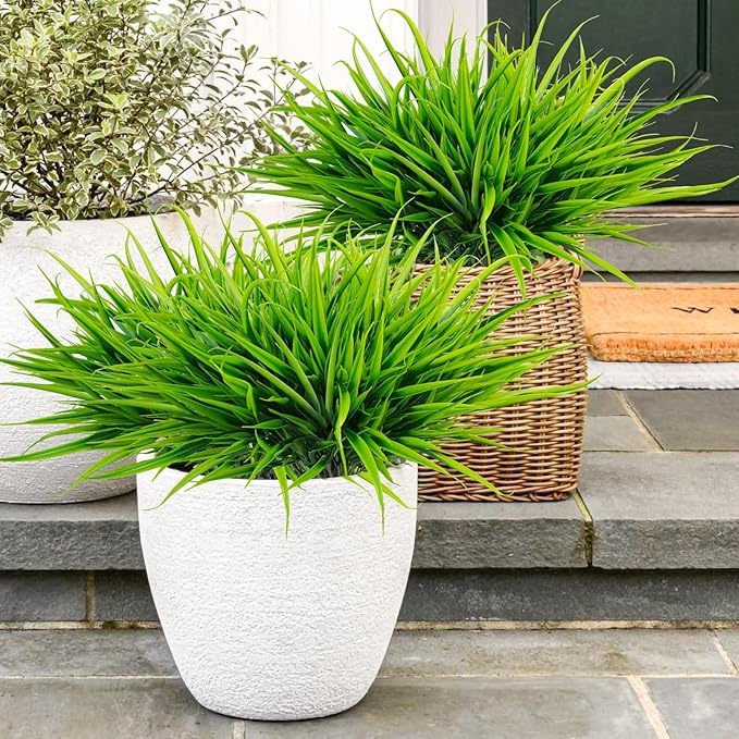 Uieke 6 Bundles Artificial Outdoor Plants UV Resistant Fake Grass Plants Faux Plastic Plants Greenery Shrubs for Home Garden Pathway Window Box Front Porch Cemetery Spring Summer Decor, Green