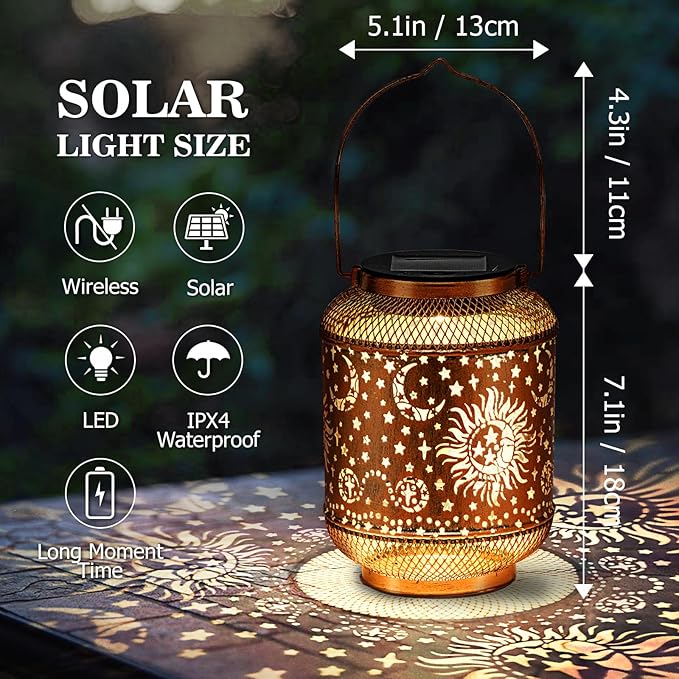 Solar Lanterns Outdoor Garden Decor, Metal Sun Moon Decor Lanterns Birthday Gifts for Women Mom Grandma, Waterproof Hanging Outdoor Solar Lights for Patio, Yard, Lawn, Landscape