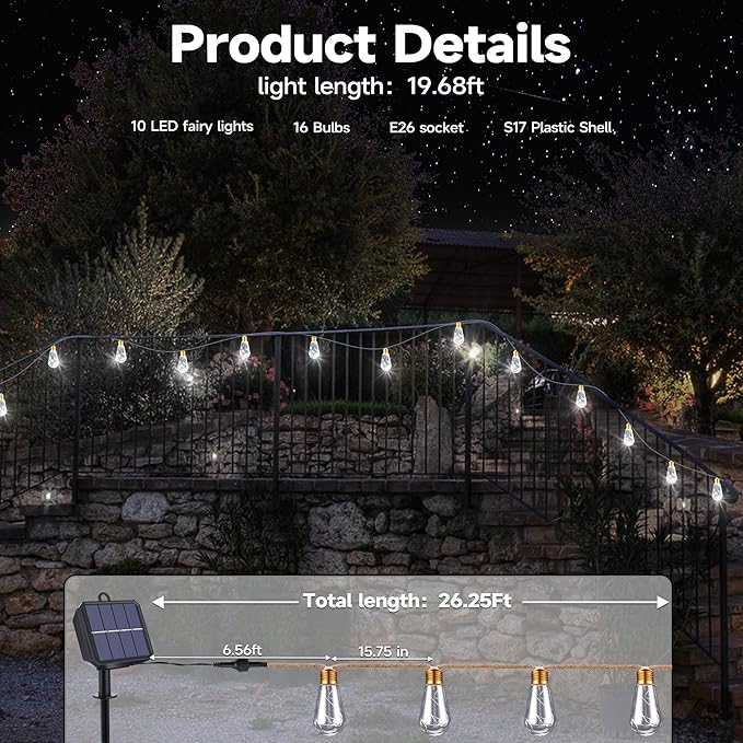 Solar Outdoor String Lights, 20Ft Vintage Rope Hemp Solar Patio Lights, Waterproof White Solar Powered String Lights With 8 Modes 16 Shatterproof Bulbs for Garden Yard Fence Stairs Balcony Café Bistro
