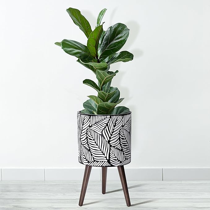 D'vine Dev 12 Inch Planter Pot with Stand, Mid-Century Tall Plant Pot with Legs for Indoor Plants, Large, White/Grey, 88-L-C-7