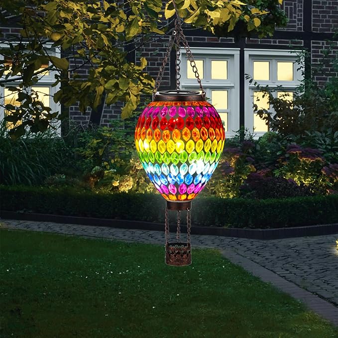 VOREEN Hot Air Balloon Solar Lantern, Mosaic Solar Outdoor Hanging Wind Light, Waterproof, Patio Festive Decor, Easter Gifts for Mom Father Grandma, Rainbow Pattern
