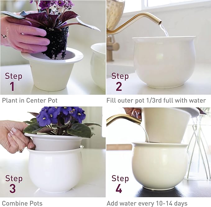 African Violet Pots Ceramic 6.5”W x 4.6”H Self Watering Planter for Indoor Flowers and Plants – White Glazed Outer Plant Pot with Highly Absorbent Inner Planter Pot for Tropical Plants