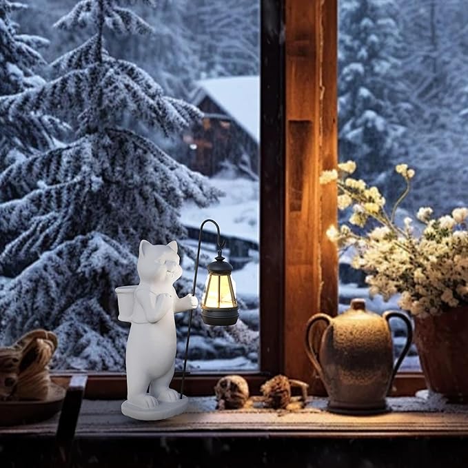 Solar Powered Garden Resin Statue Lights, 10 Inch Waterproof Outdoor Animal Cute Cat Figurine Lights, Suitable for Patios, Balconies, Lawns, Courtyards, Etc (Basket)