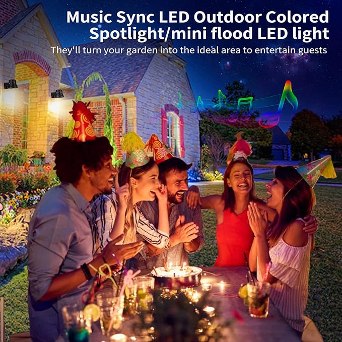 Smart Outdoor Lights,15w Backyard Lights with US Plug,12V APP Control Colored Spotlights with Waterproof,Dimmable Garden Lights with Timer,Outdoo Lights for Yard with Music Sync（NO Remote）