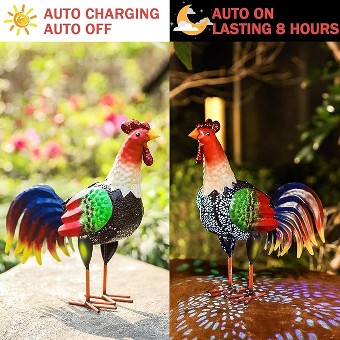 Solar Metal Rooster Animal Lights Decor Metal Chicken Sculpture for Backyard Patio Decor & Lawn OrnamentsGifts10.6inchesH (Rooster)