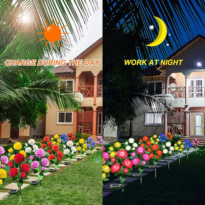 Solar Flower Lights Outdoor - Upgraded New Material Two Modes Realistic LED Solar Powered Waterproof Lights with 5 Roses, Solar Decorative Stake Lights for Garden (Yellow, 2 Pack)