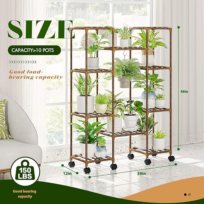 Plant Stand with Wheels Outdoor Indoor Hanging Plant Shelf for Multiple Plants Tall Large Holder for Living Room Patio Balcony Garden Corner Mobile