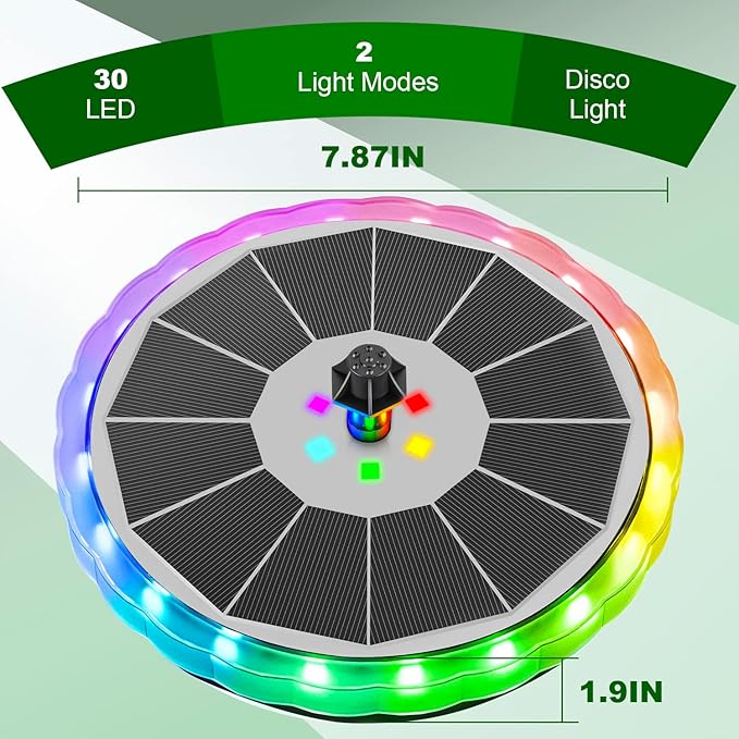 Solar Water Fountain with LED Lights Matte Panel, Built-in 4000 mAH Battery Large Bird Bath Fountains Solar Power with 4 Fixed Rods, Solar Fountain Pump for Pond, Outdoor,Garden,Pool-Multicolor