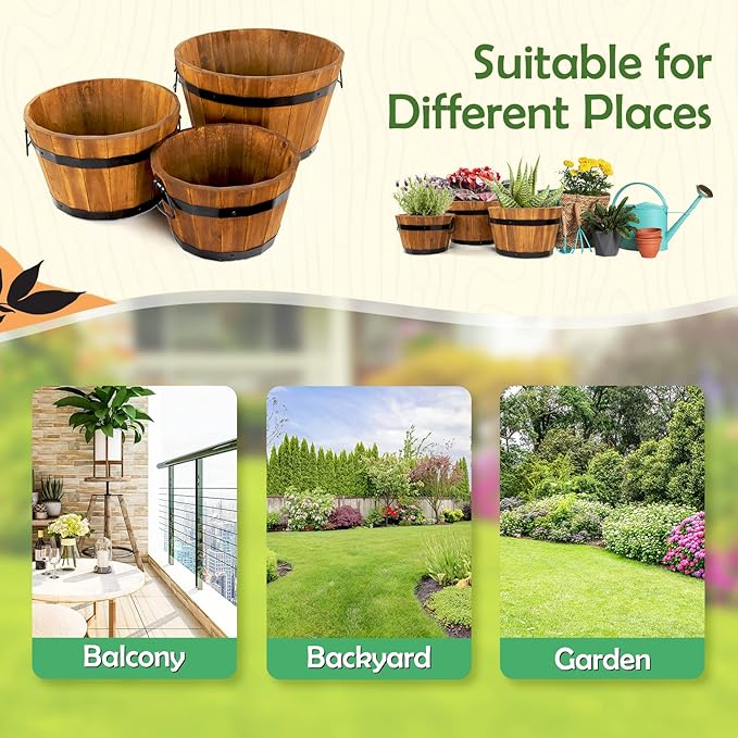 Idzo Set of 3 Wooden Flower Boxes Outdoor, Durable Acacia Wood Barrel Planters for Outdoor Plants with Ergonomic Handles, Drainage Holes, Multiple Sizes Wood Bucket Planter Light Brown