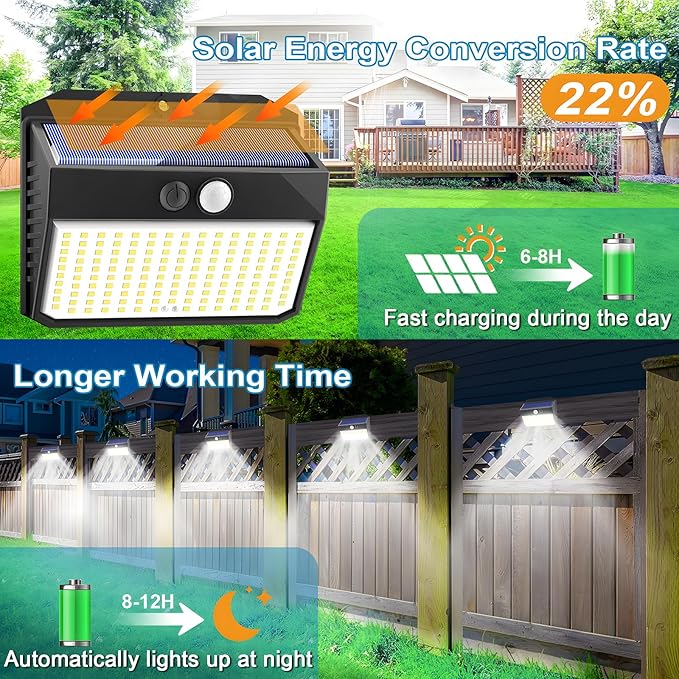 Solar Lights Outdoor 150 LED, 10 Pack Motion Sensor Lights With 3 Lighting Modes, IP65 Waterproof Fence Lights, Security Lights for House