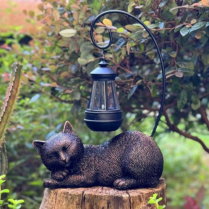 Solar Garden Statue Cat Figurine with Solar Light- Cat Statues Garden Art with Solar Lantern, Loving Cat for Patio,Balcony,Yard, Lawn, Porch-Unique Housewarming Gift for Garden Mom Grandma
