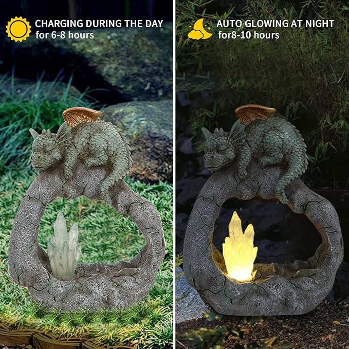 Solar Powered Dragon Statue ，Garden Decor with Crystal LED Lights Handmade Waterproof Resin Dinosaur Outdoor Patio Lawn Sculpture Perfect Christmas (Crystal Dragon)