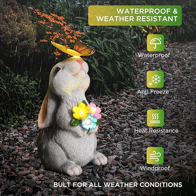 SIX FOXES Solar Garden Rabbit Statues Light - Easter Bunny Decor for Garden, Lawn, Patio, Balcony, Yard Ornament, Gifts for Kids, Women, Mom