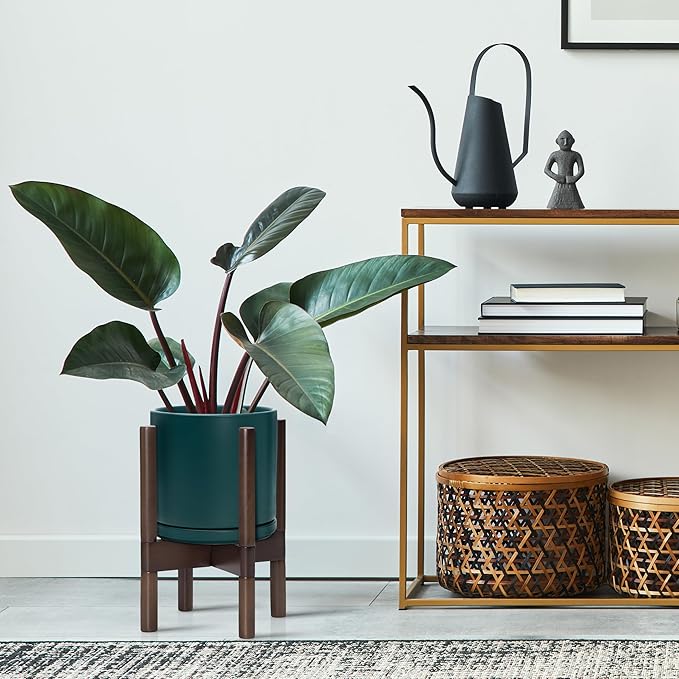 D'vine Dev Ceramic Planter with Walnut Color Stand - 8 Inch Modern Round Flower Pot with Wood Planter Holder, Teal, 55-B-Y-4